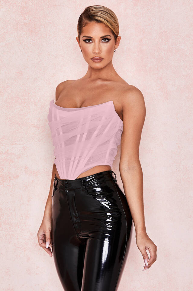 Mesh Boned Corset Top With Chiffon Draping