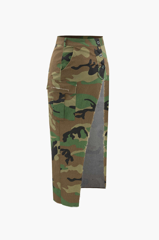 Camo Print Flap Pocket Slit Skirt