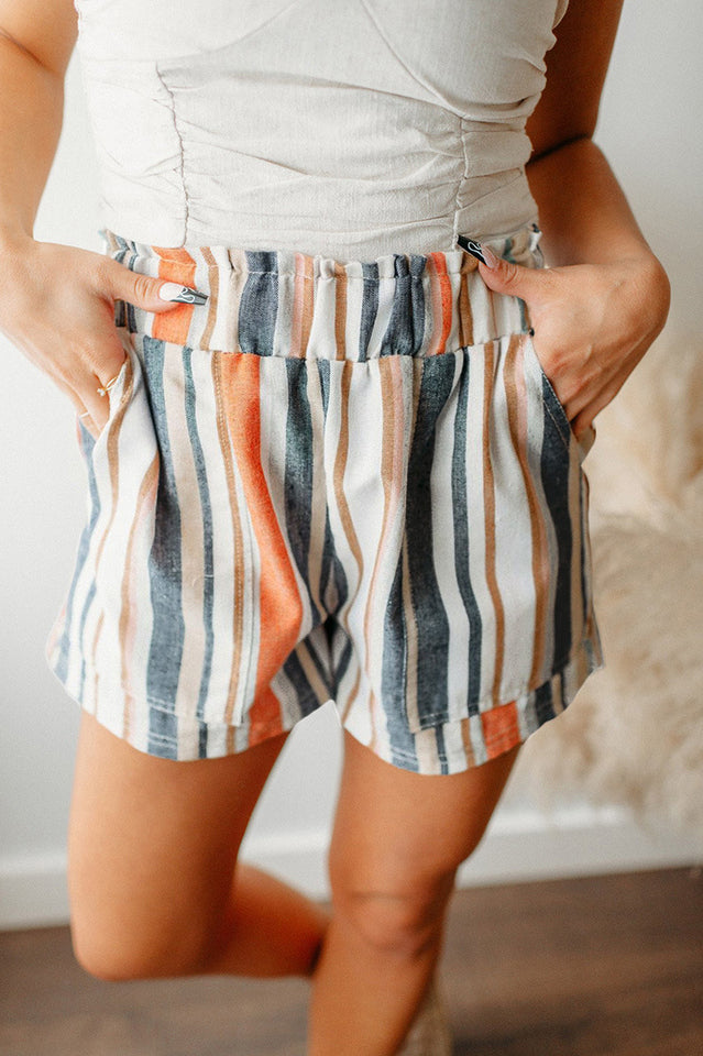 Wanda Casual Striped Paperbag Waist Shorts