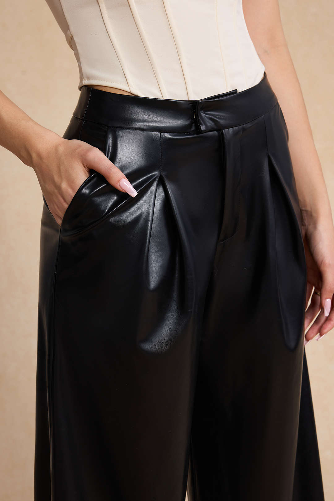 Faux Leather Linen High Waist Trousers