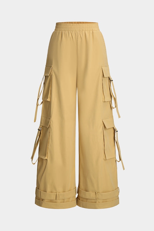 Pocket Wide Leg Trousers in Plain Polyester