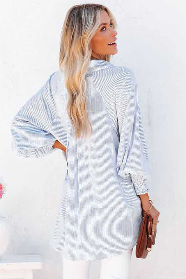 Smocked Cuffed Striped Oversized Boyfriend Shirt