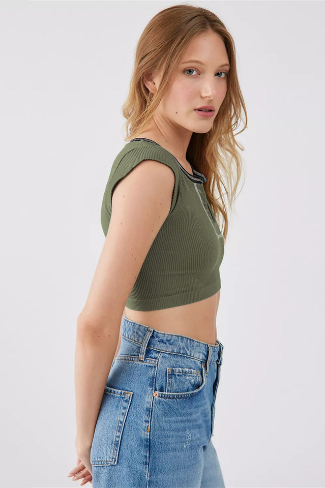 Notched Neck Cap Sleeve Cropped Tee Top