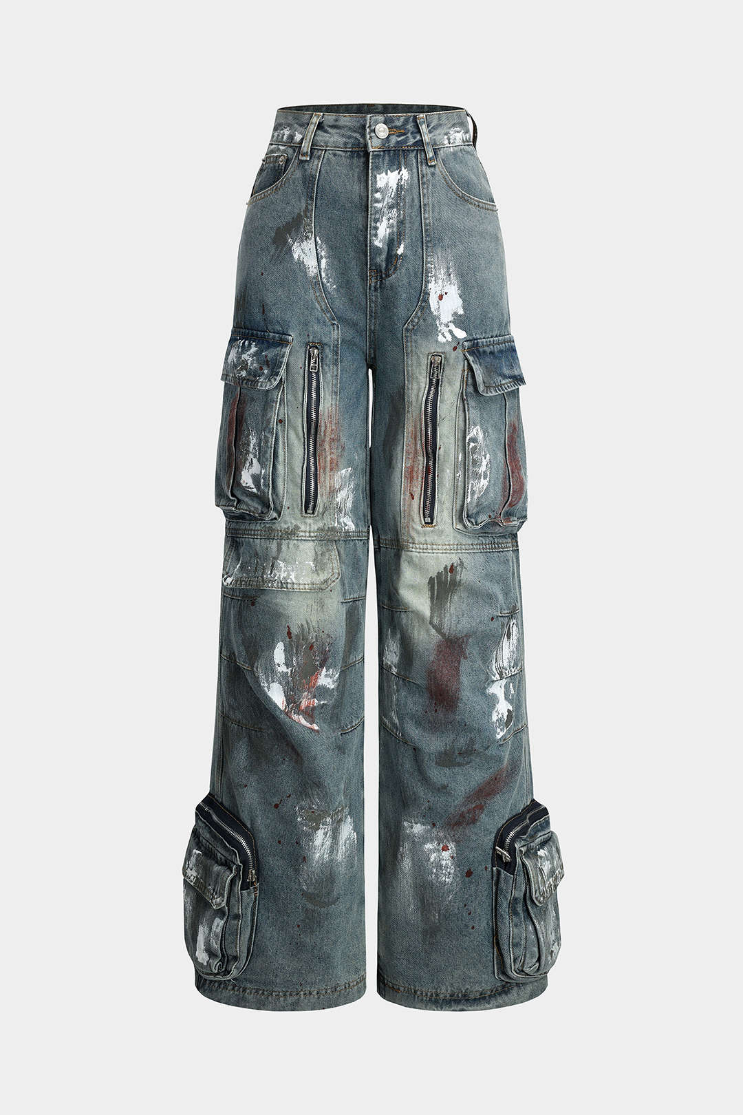 Graffiti Denim Wide Leg Jeans with Button Pockets