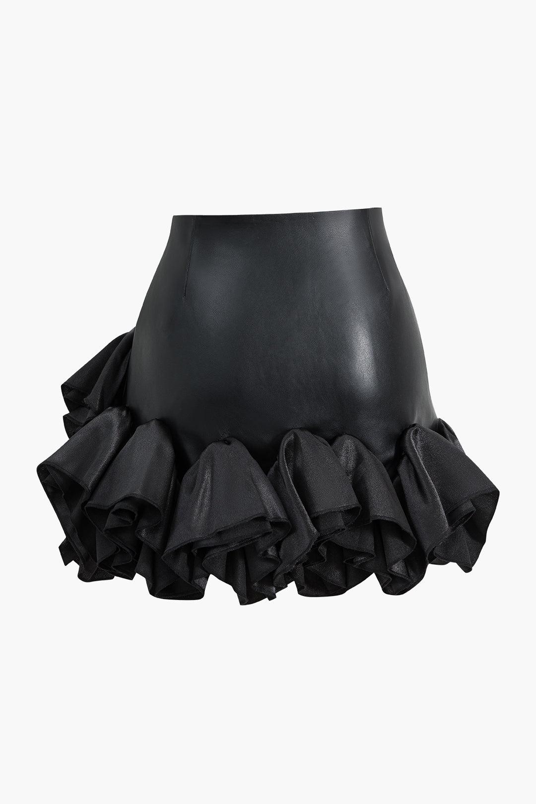 Faux Leather Ruffle Mini Skirt in Satin Finish