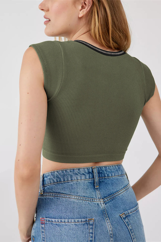 Notched Neck Cap Sleeve Cropped Tee Top