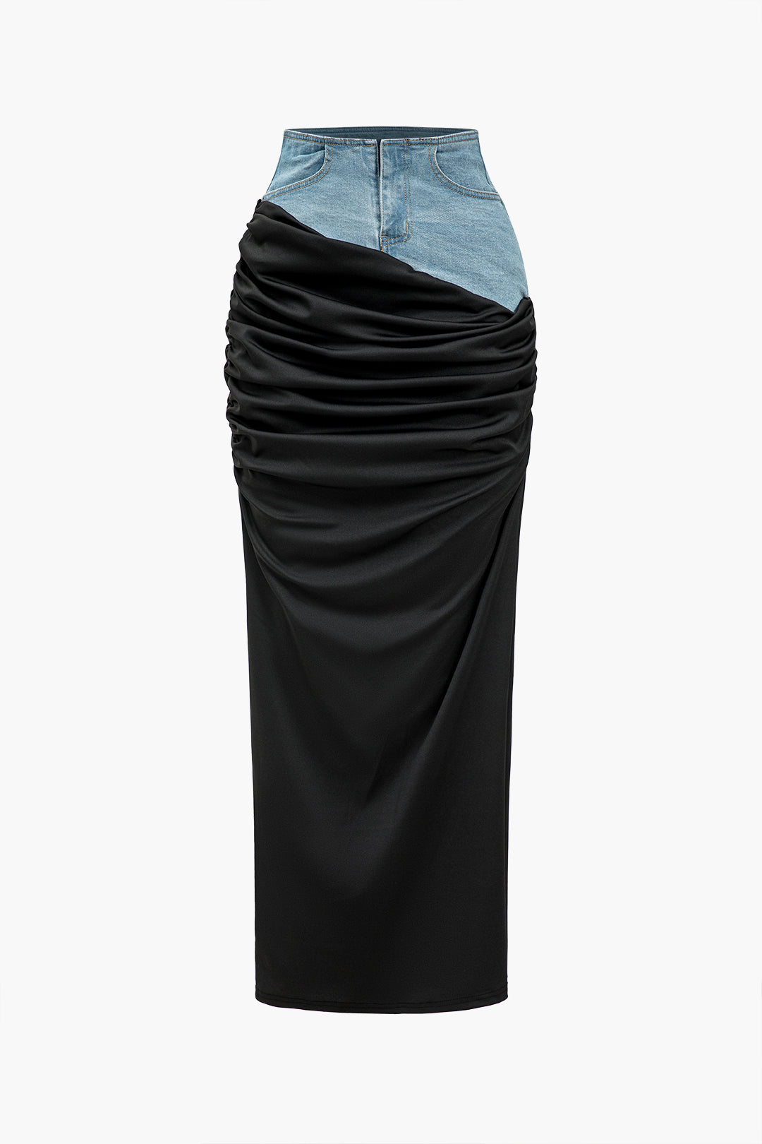 Denim Patchwork Color Block Ruched Zipper Skirt