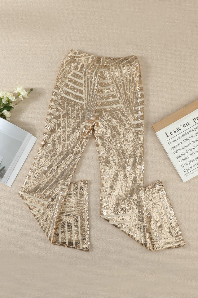 Sequin High Rise Flare Pants with Elastic Waist