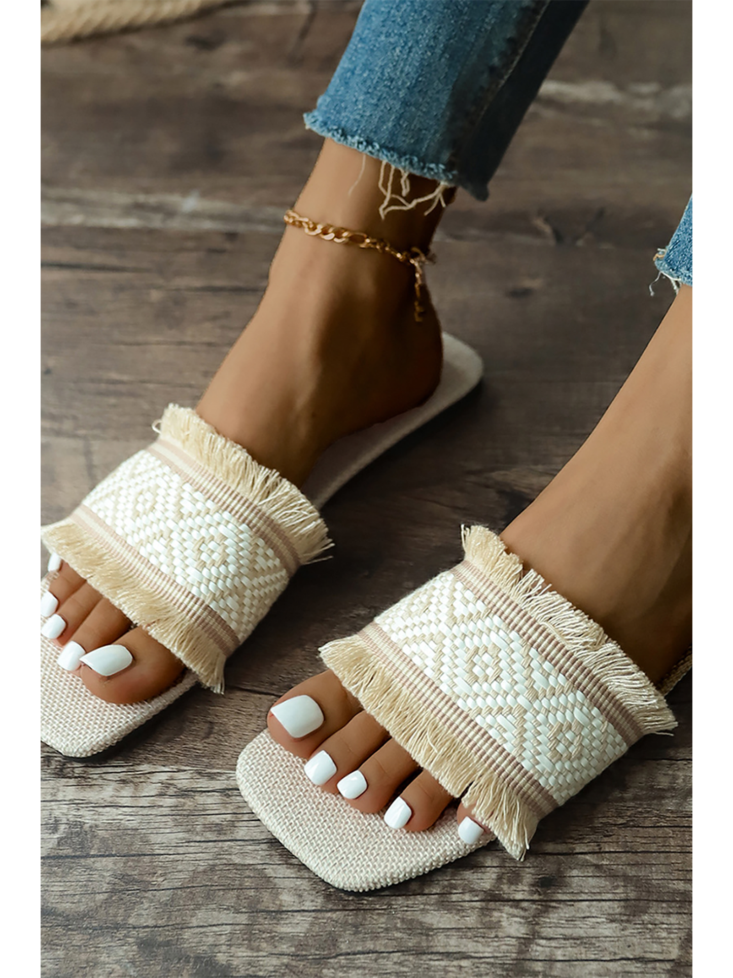 Fringed Weave Beach Slides in Linen Fabric