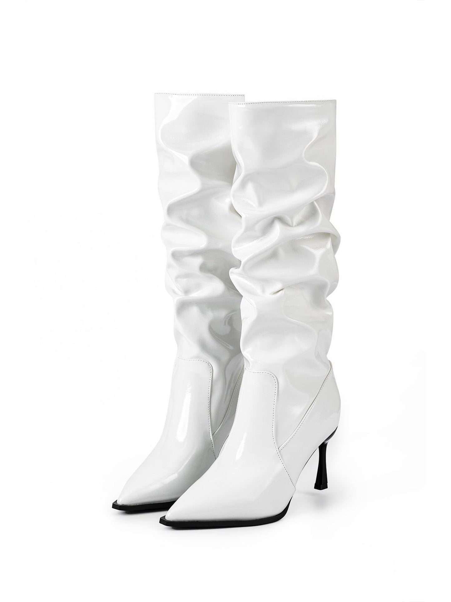 Faux Leather Ruched Pointed Toe Knee High Boots