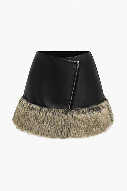 Faux Leather Patchwork Fur Mini Skirt