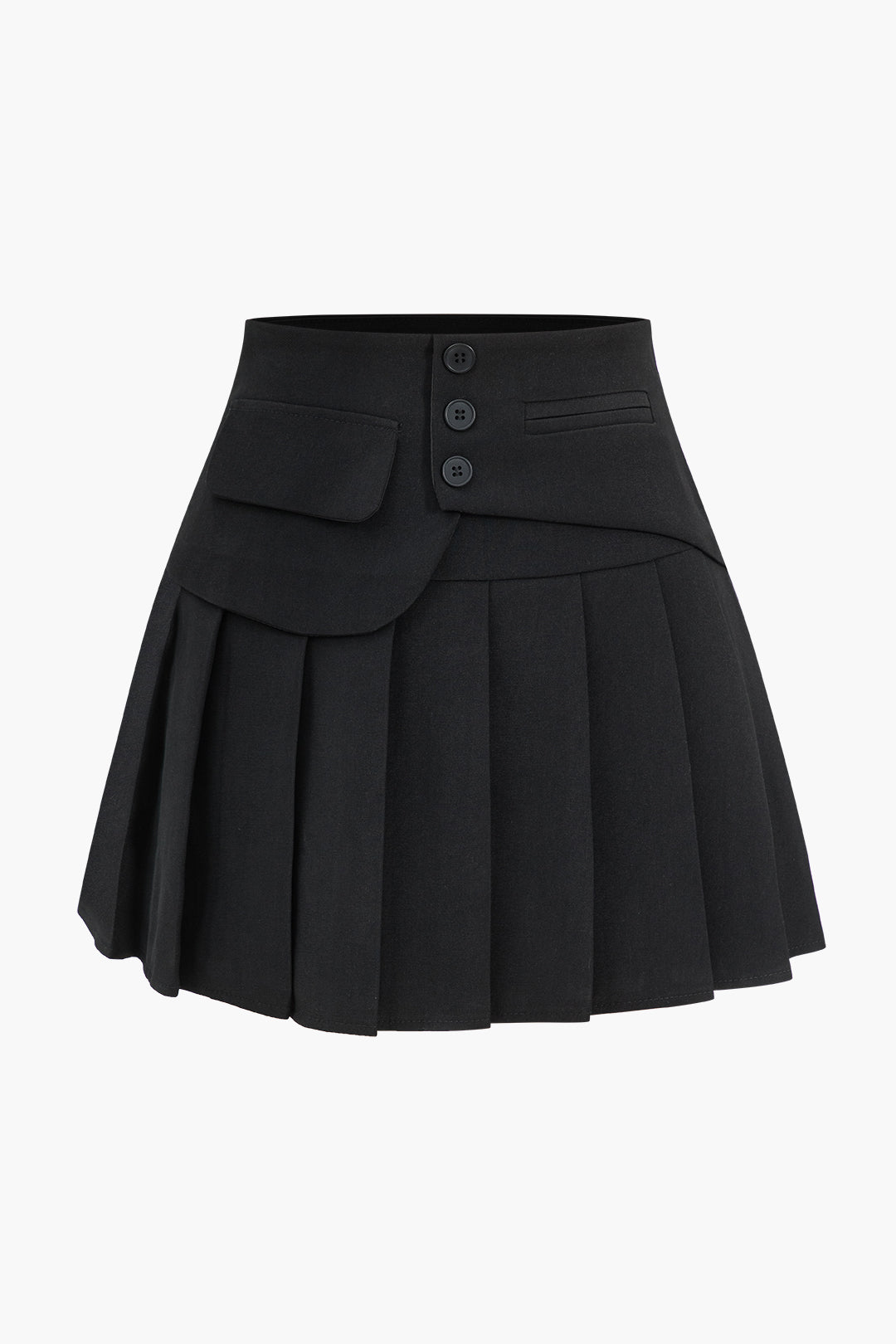 Pleated Asymmetrical High Waist Skirt with Button Pockets