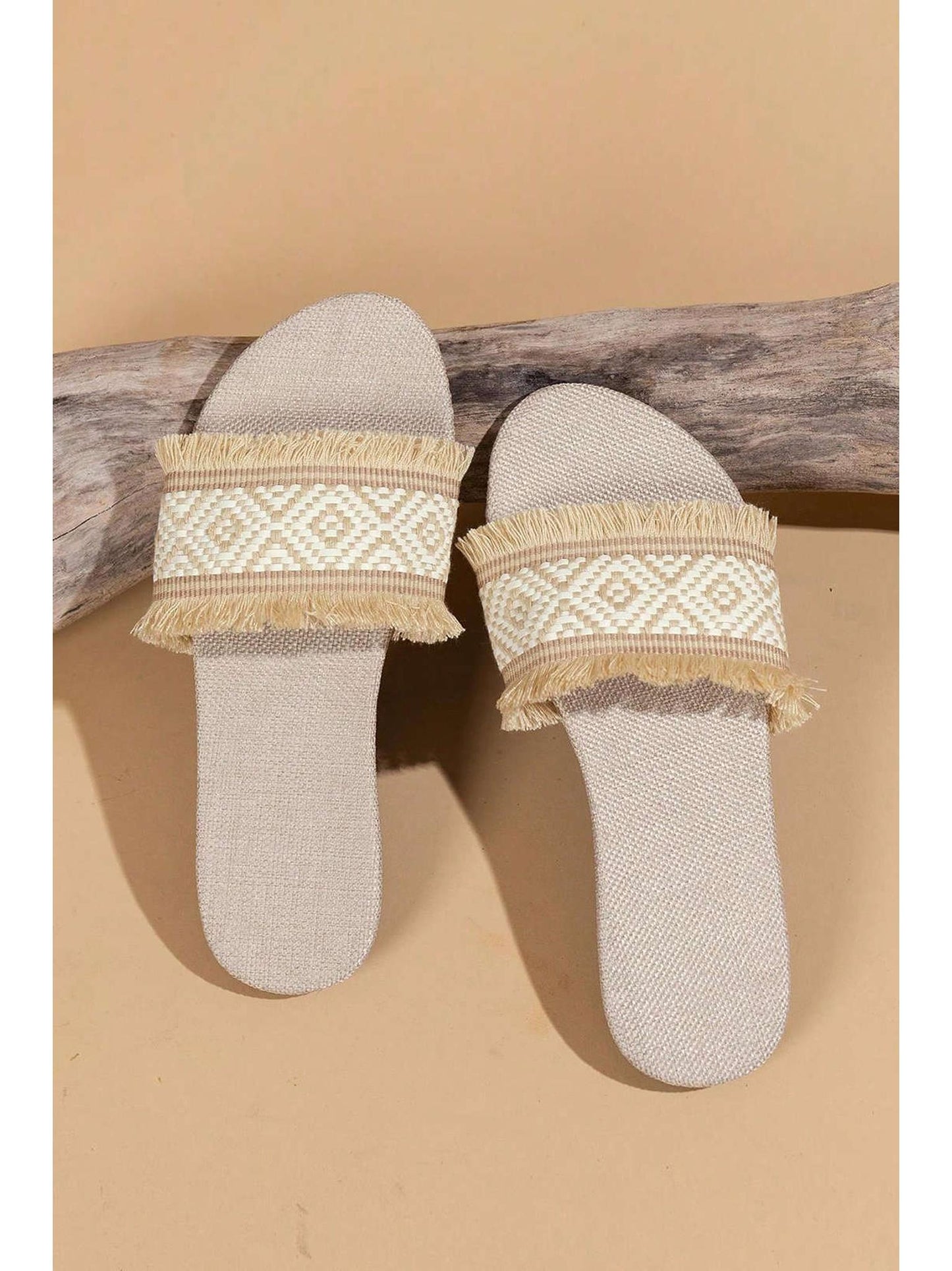 Fringed Weave Beach Slides in Linen Fabric