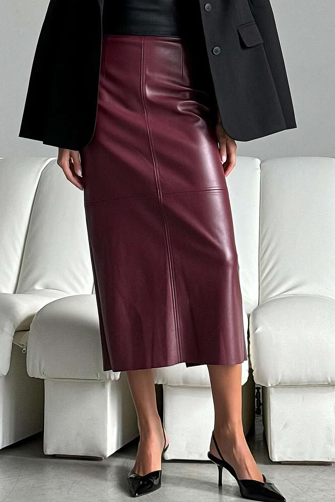 Faux Leather High Waist Split Skirt