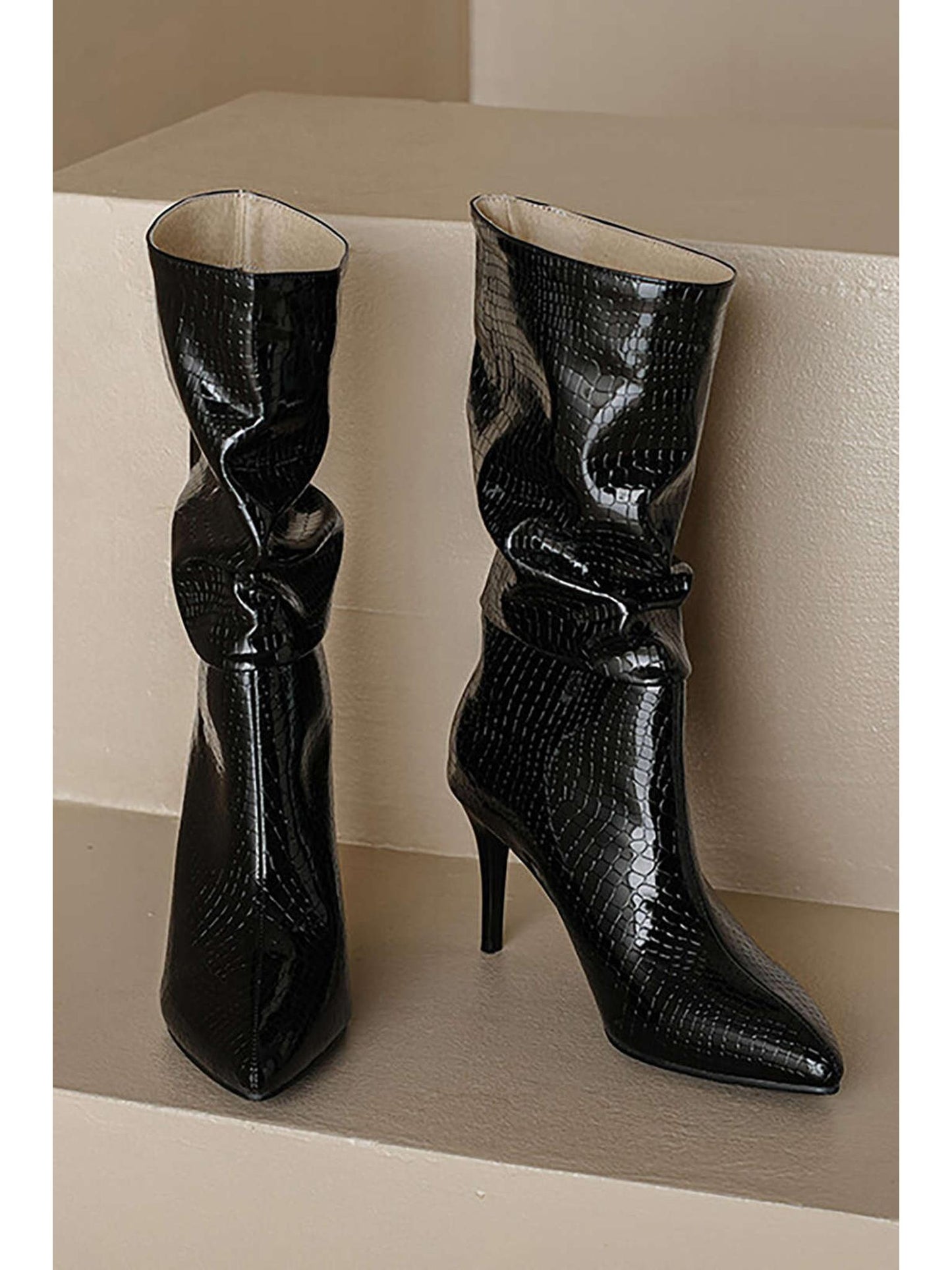 Faux Leather High Heel Pointed Ankle Boots