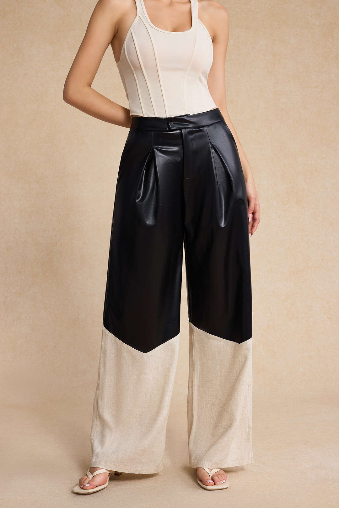 Faux Leather Linen High Waist Trousers