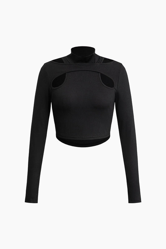 Cut Out Mock Neck Long-Sleeve Fitted Top