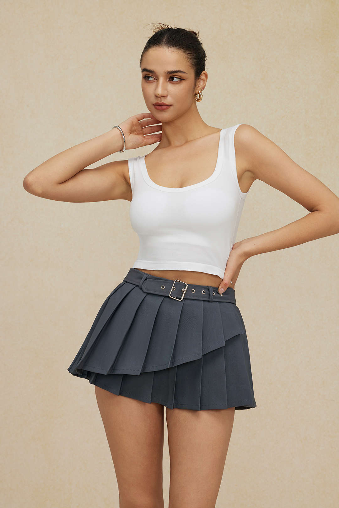 Buckle Layered Pleated Mini Skirt