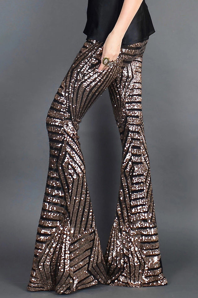 Sequin High Rise Flare Pants with Elastic Waist