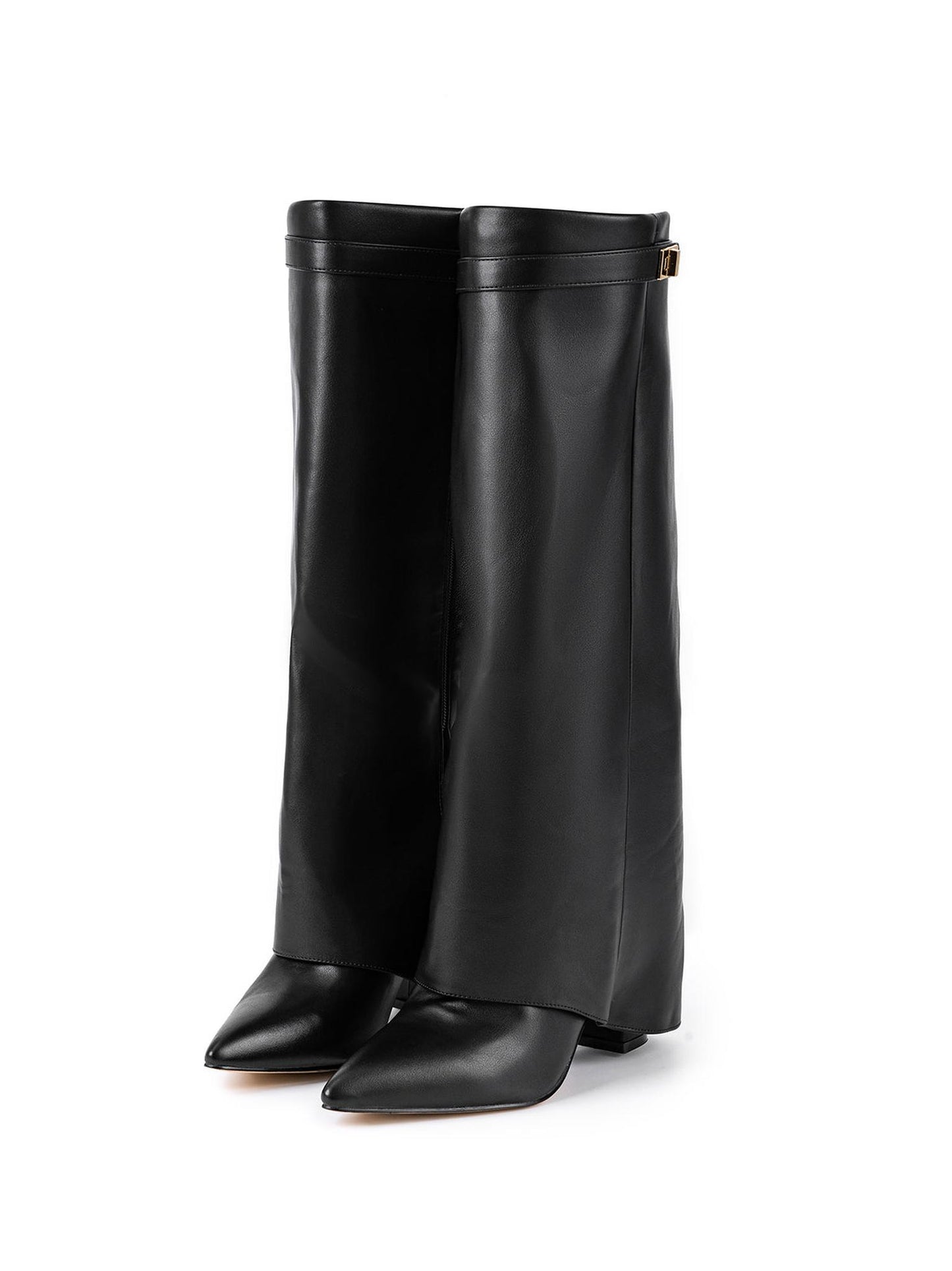 Metal Buckle Pointed Knee High Boots in Suedette