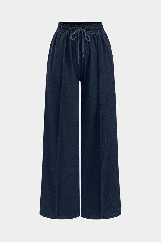 Pleated Tie Front Wide Leg Trousers in Jersey Fabric