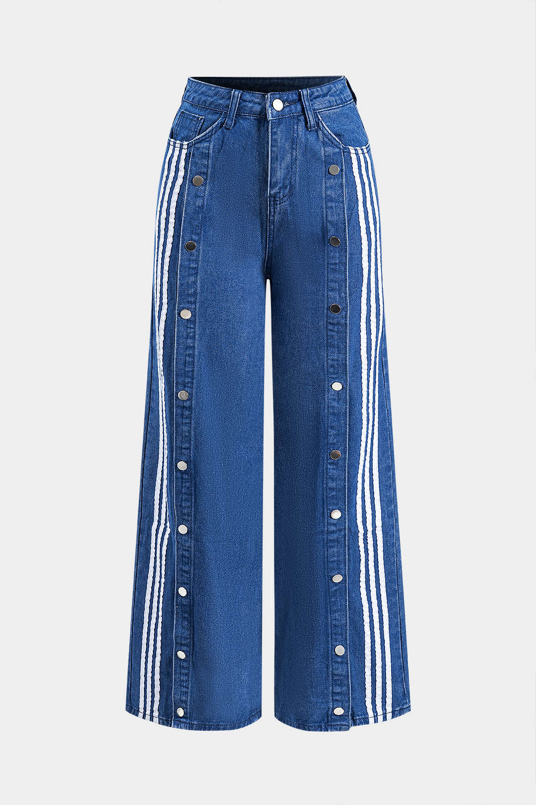 Denim Stripe Wide Leg Jeans with Button Pockets