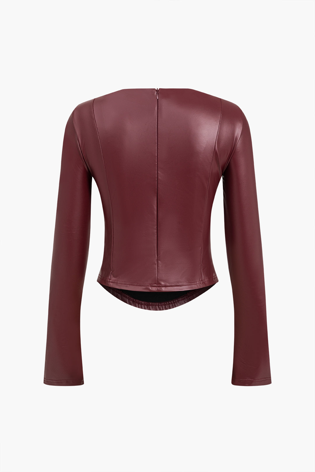 Solid Faux Leather Zipper Detail Long-Sleeve Top