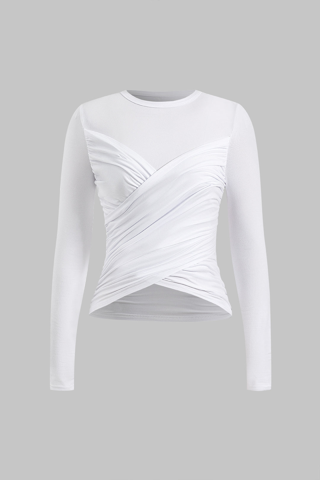 Pleated Crossed Round Neck Long-Sleeve Top