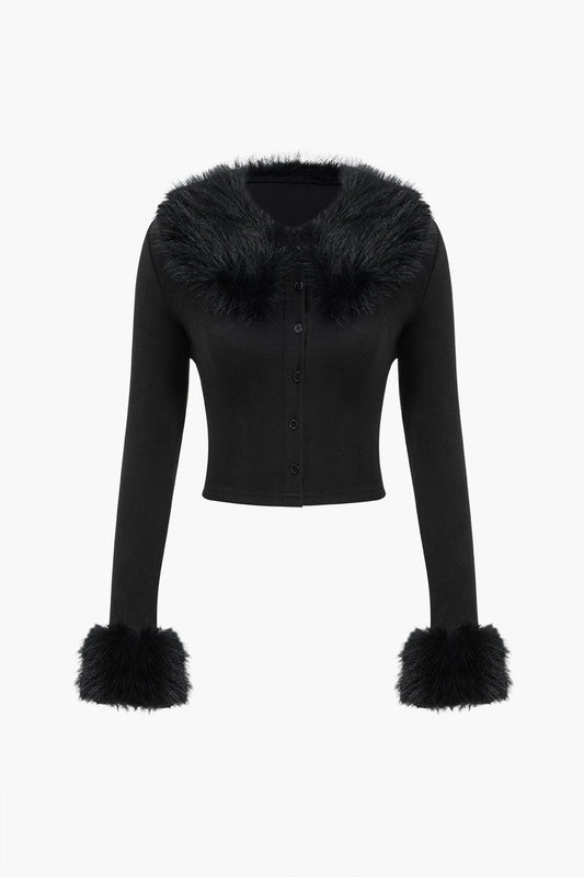 Faux Fur Collar Button Long-Sleeve Top in Jersey Fabric