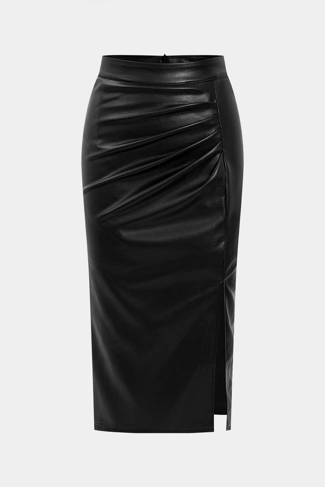 Faux Leather High Waist Side Slit Ruched Skirt