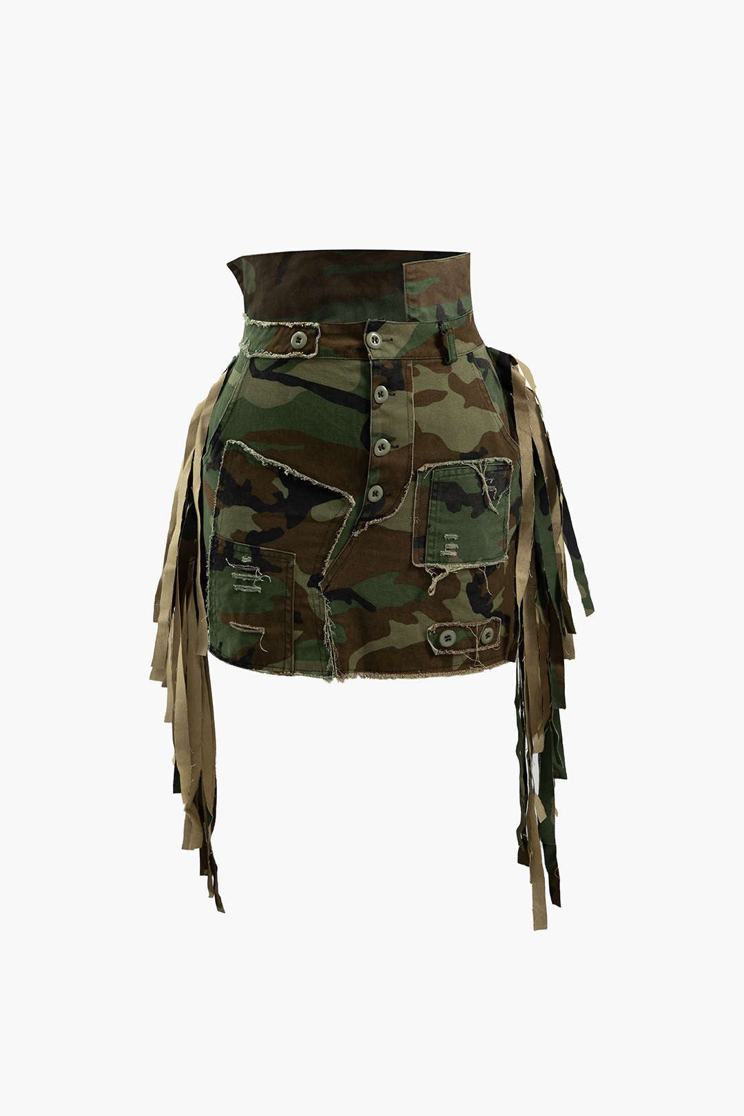 Camo Frayed Patchwork Fringe Mini Skirt