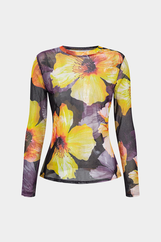 Floral Print Mesh Long Sleeve Top