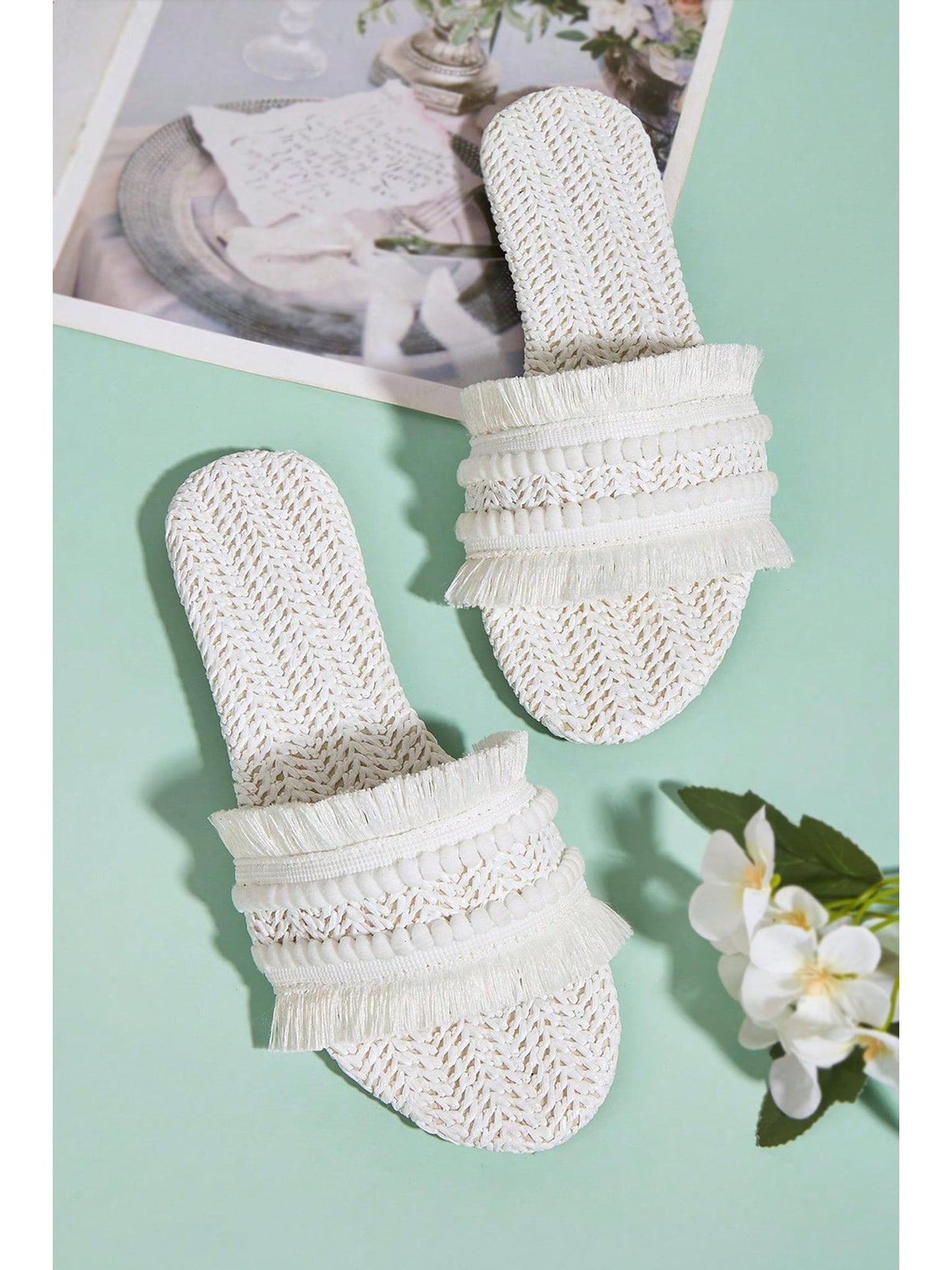 Fringe Slippers with Straw Upper and Rubber Sole