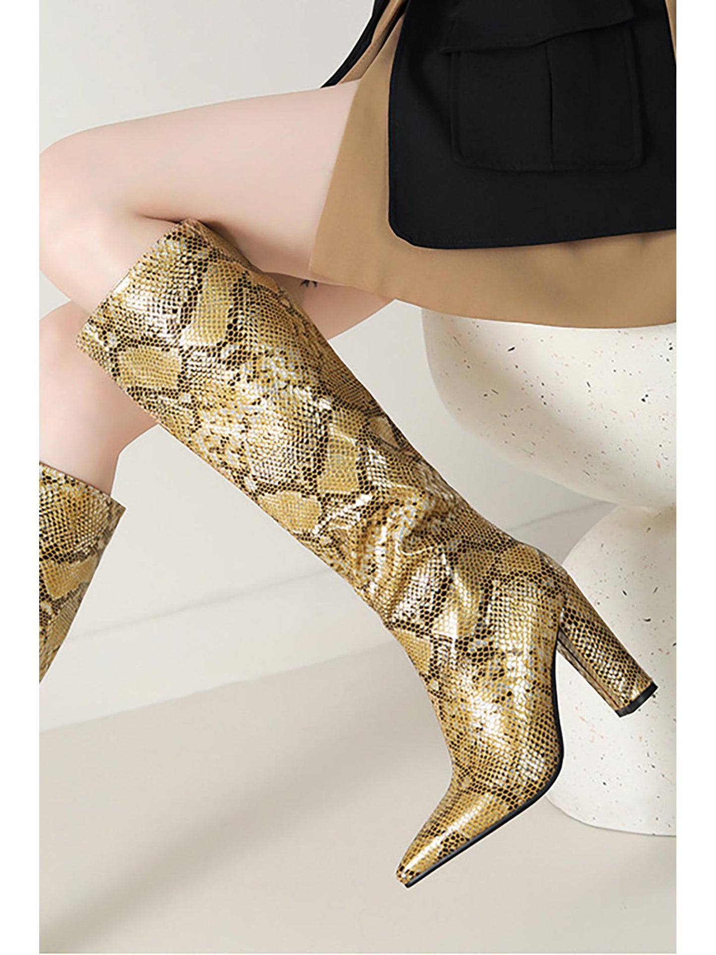 Snake Pattern Faux Leather Knee High Boots