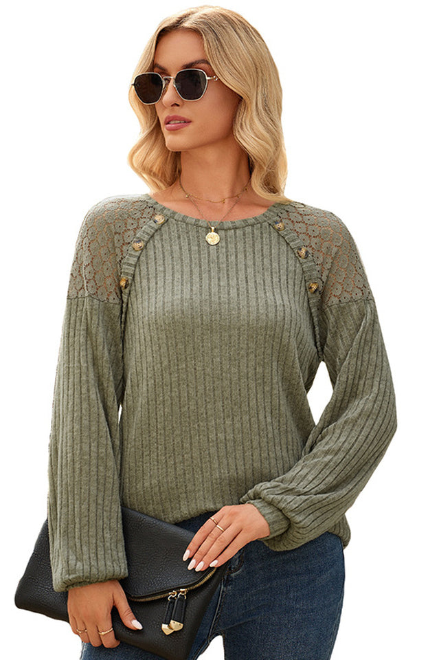 Buttoned Ribbed Top with Lace Sleeves