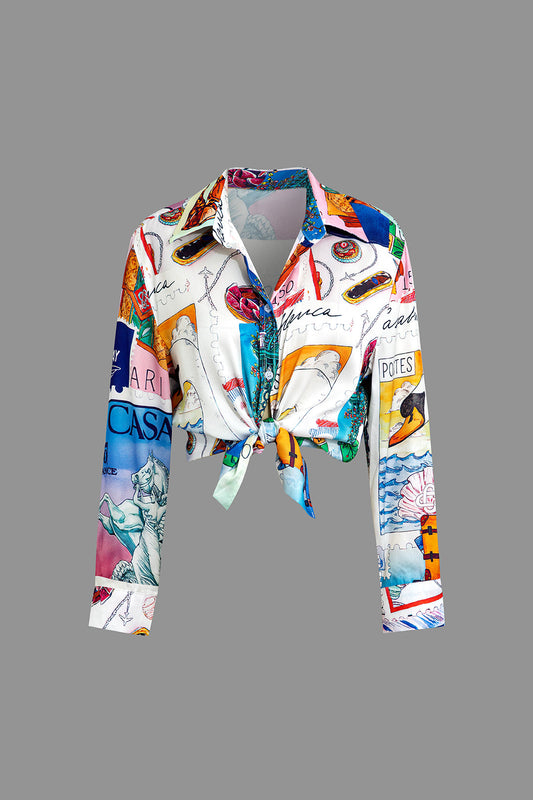 Artistic Print Collar Long-Sleeve Top