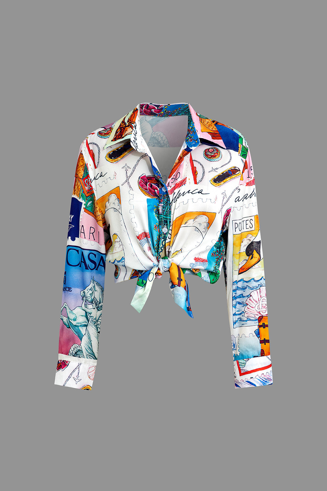 Artistic Print Collar Long-Sleeve Top