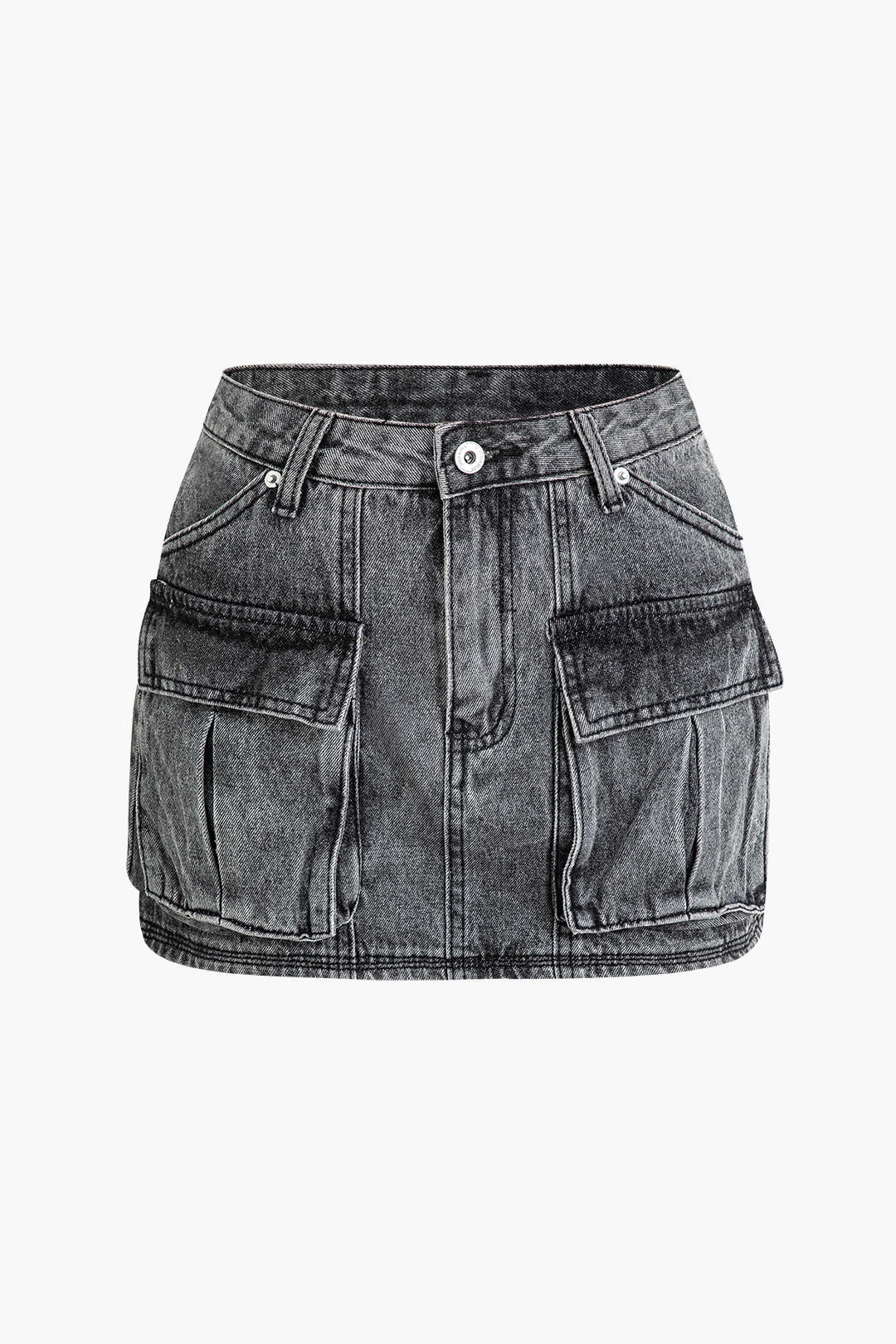 Faded Cargo Denim Mini Skirt with Flap Pockets