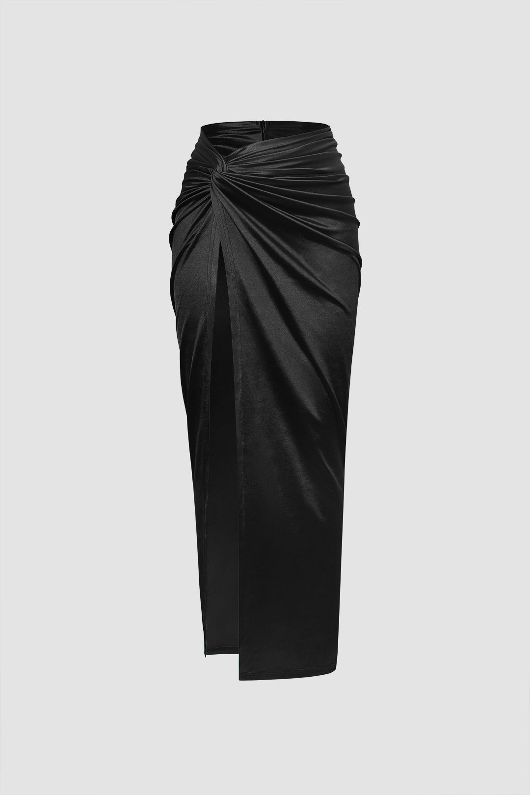 Twist Detail High Slit Satin Midi Skirt