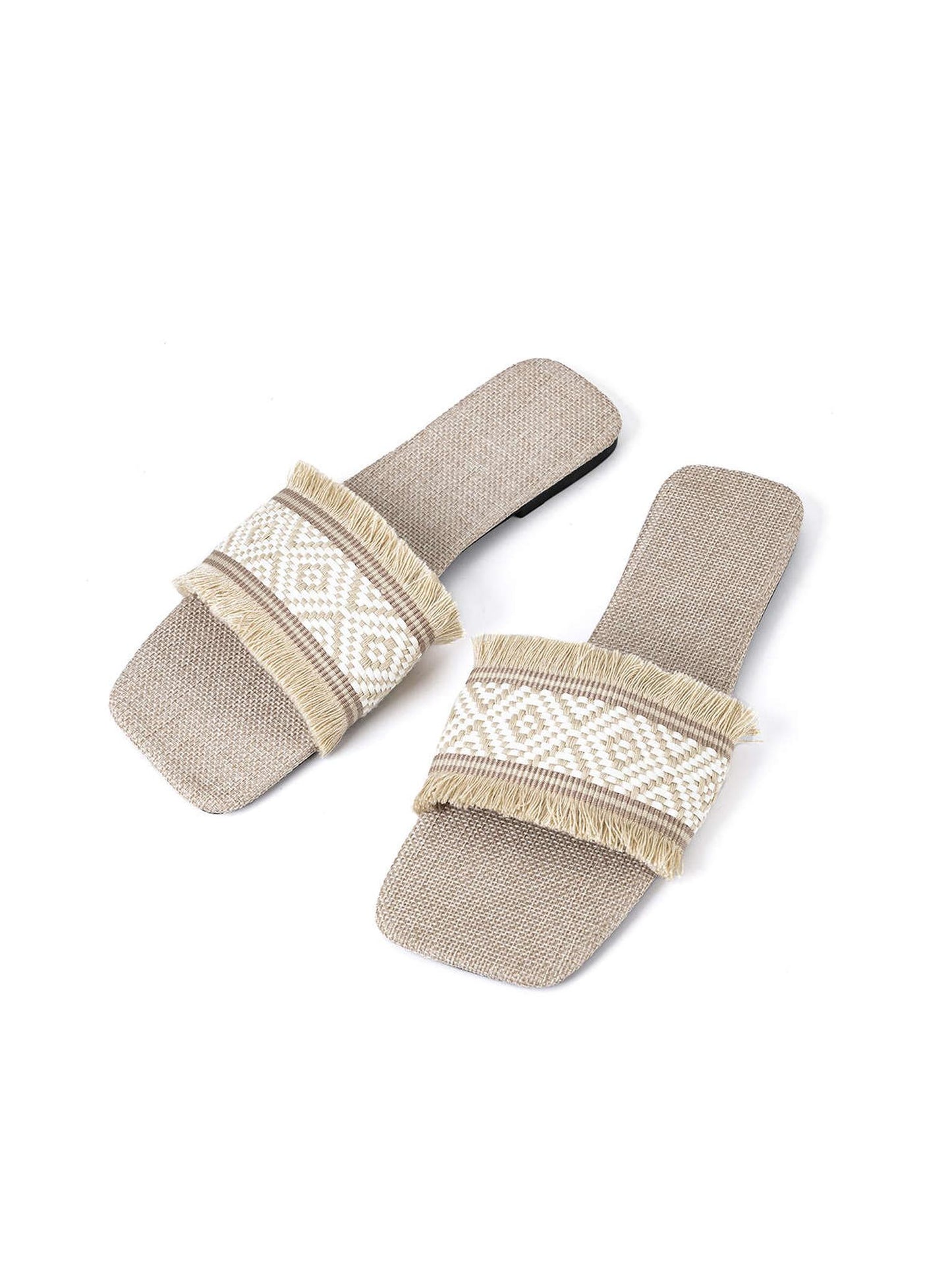 Fringed Weave Beach Slides in Linen Fabric