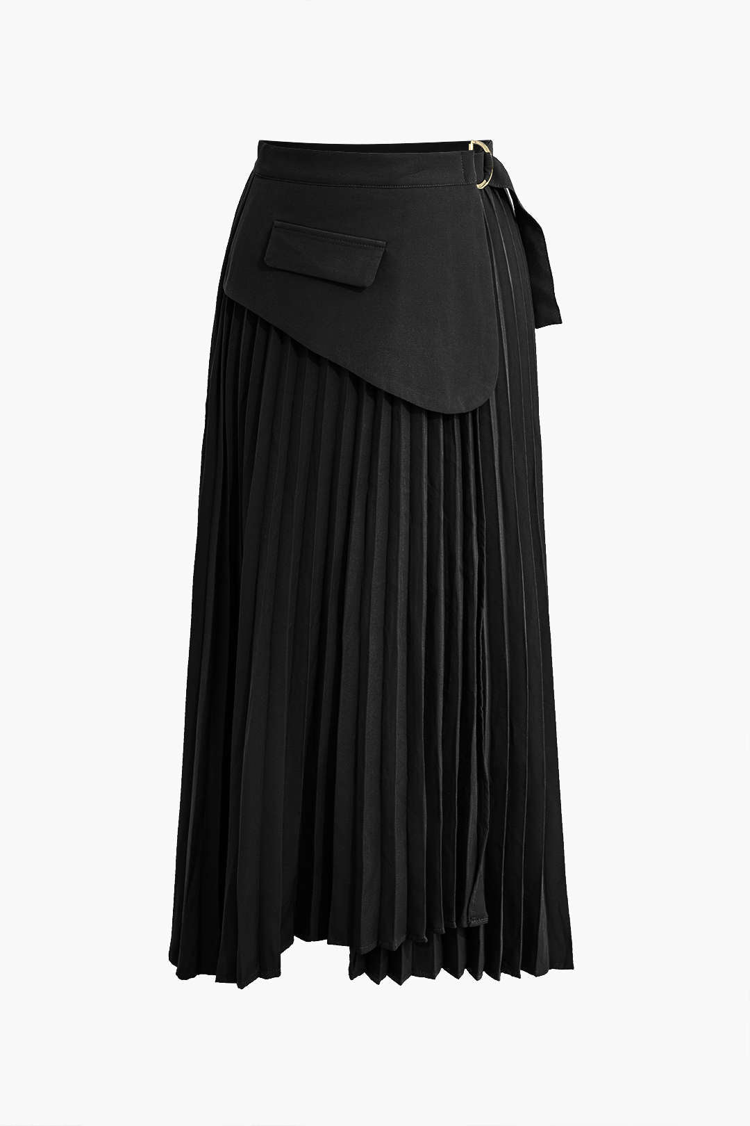 Solid Asymmetrical Pleated Skirt in Polyester Fabric