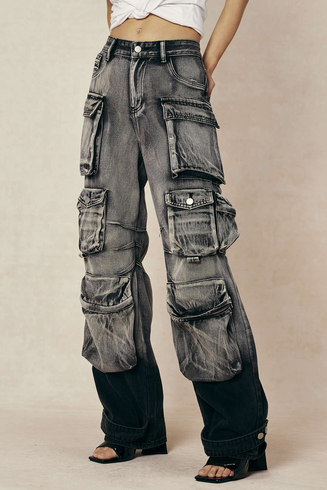 Ombre Multi Pocket Wide Leg Cargo Jeans