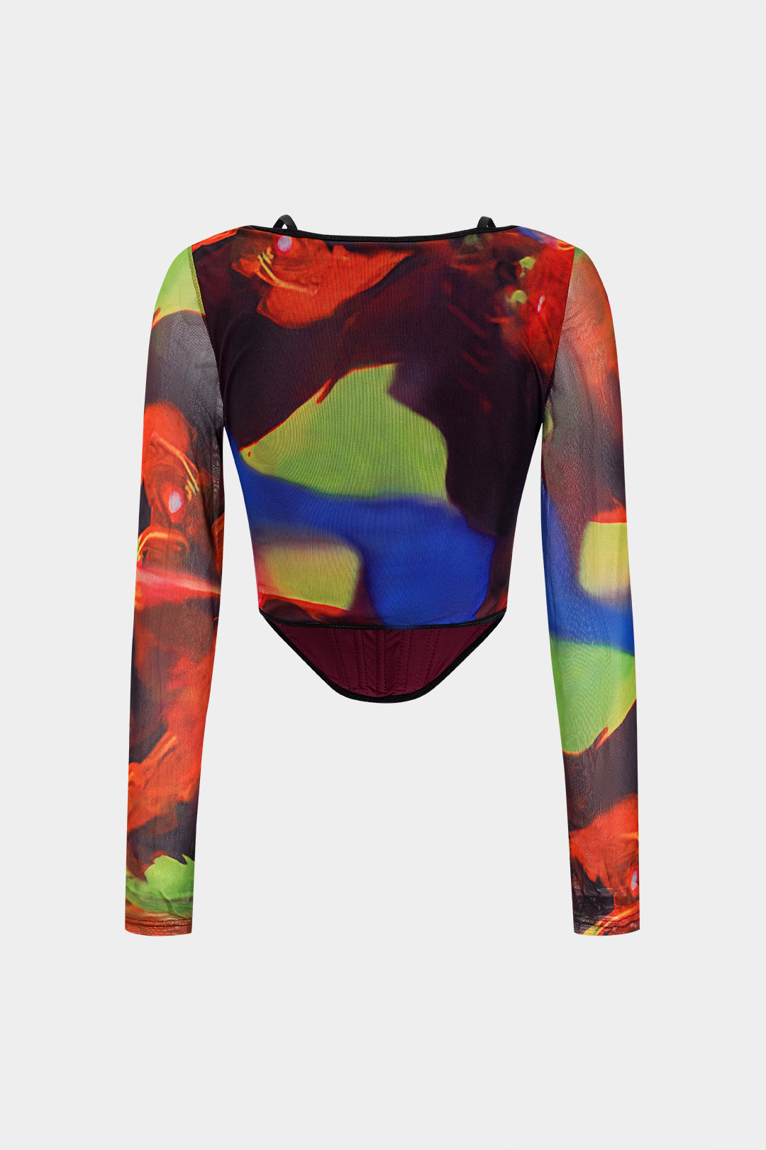 Abstract Print Mesh Corset Long-Sleeve Top