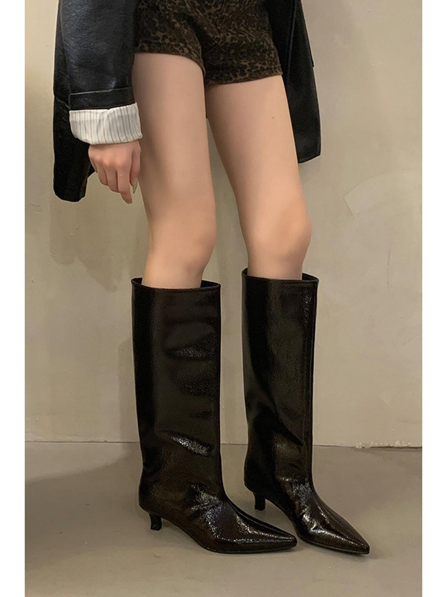 Faux Leather Textured Pointed Toe Knee High Boots