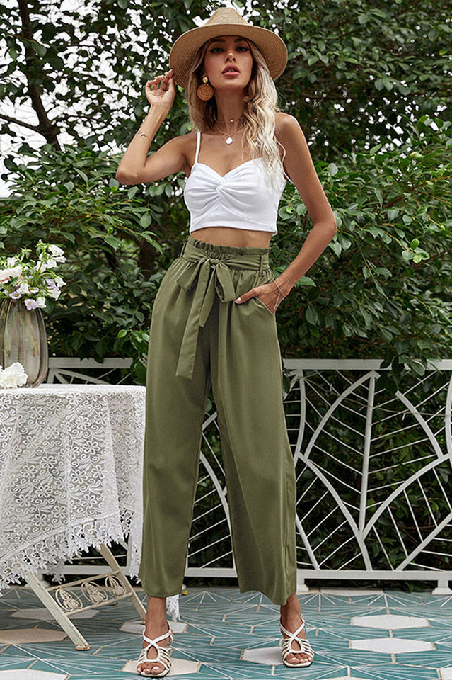 Basic Wide Leg Pants With Belt and Pockets