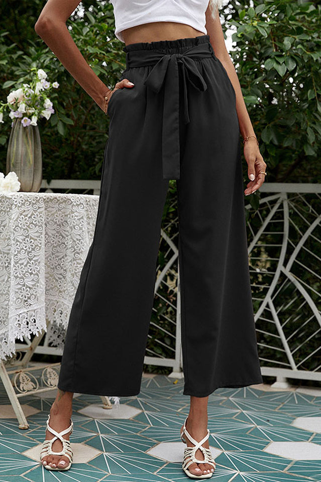 Basic Wide Leg Pants With Belt and Pockets