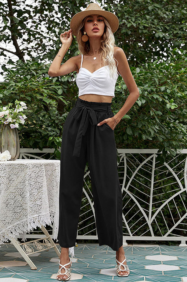 Basic Wide Leg Pants With Belt and Pockets