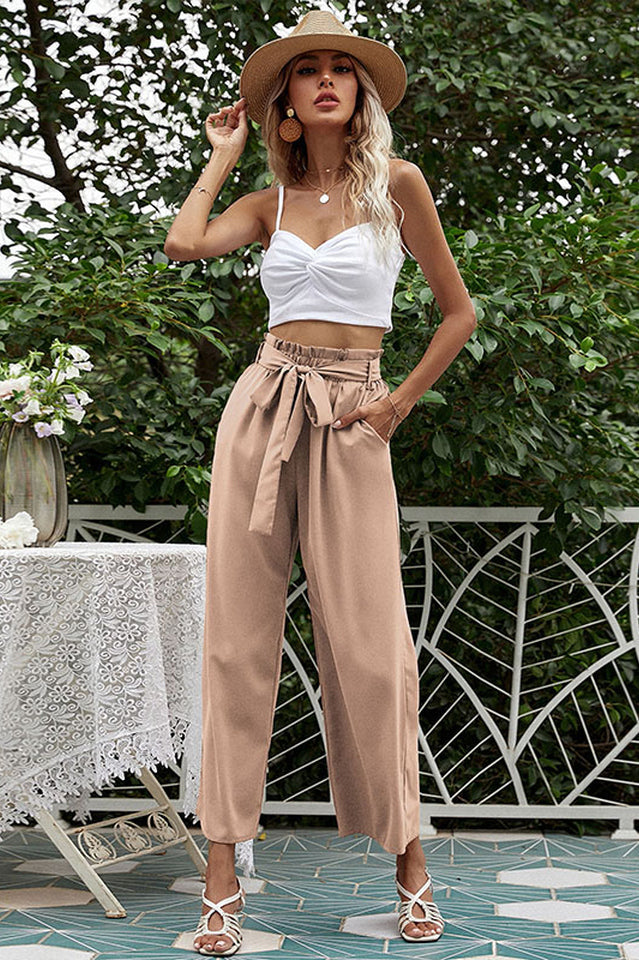 Basic Wide Leg Pants With Belt and Pockets