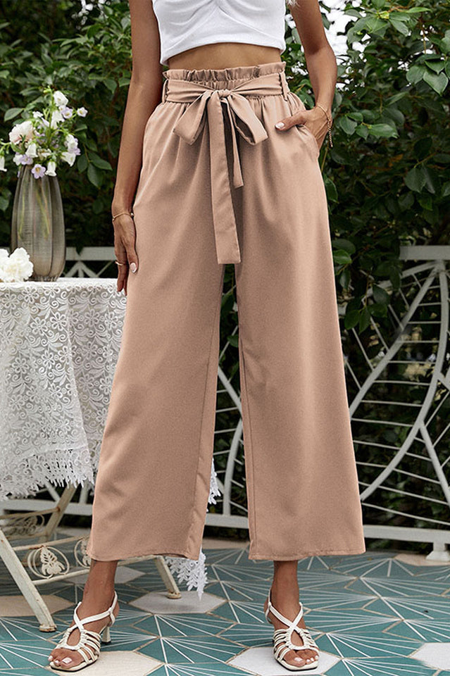 Basic Wide Leg Pants With Belt and Pockets