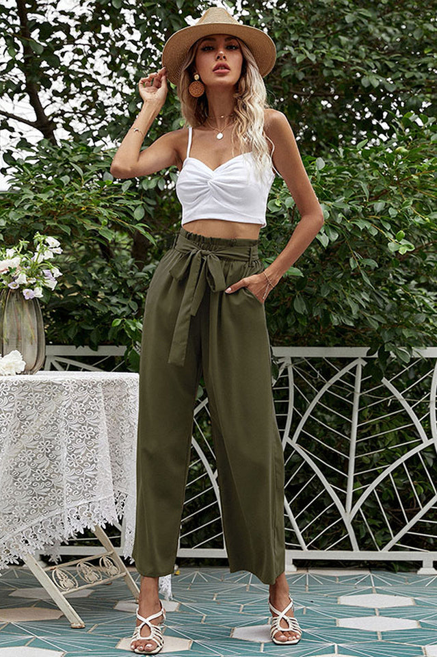 Basic Wide Leg Pants With Belt and Pockets